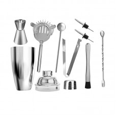 FixtureDisplays® Stainless Steel Bartender Set, Cocktail Bartender Set, With Martini Set, Double Measuring Cup, Mixing Spoon, Wine Bottle, Mud Stick, Strainer And Ice Tongs Drink Making Tool 15354