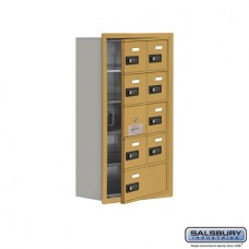 Salsbury Cell Phone Storage Locker - with Front Access Panel - 5 Door High Unit (8 Inch Deep Compartments) - 8 A Doors (7 usable) and 1 B Door - Gold - Recessed Mounted - Resettable Combination Locks  19158-09GRC