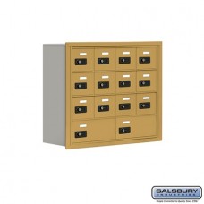 Salsbury Cell Phone Storage Locker - 4 Door High Unit (8 Inch Deep Compartments) - 12 A Doors and 2 B Doors - Gold - Recessed Mounted - Resettable Combination Locks  19048-14GRC