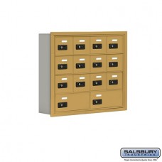 Salsbury Cell Phone Storage Locker - 4 Door High Unit (5 Inch Deep Compartments) - 12 A Doors and 2 B Doors - Gold - Recessed Mounted - Resettable Combination Locks  19045-14GRC